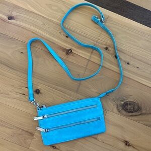 Hobo Bright Turquoise Crossbody Bag with Dual Zippers Blue adjustable strap